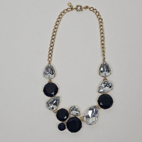 J. Crew Necklace Black White Acrylic Rhinestone Gold Tone Statement Chunky Bib - Picture 6 of 15